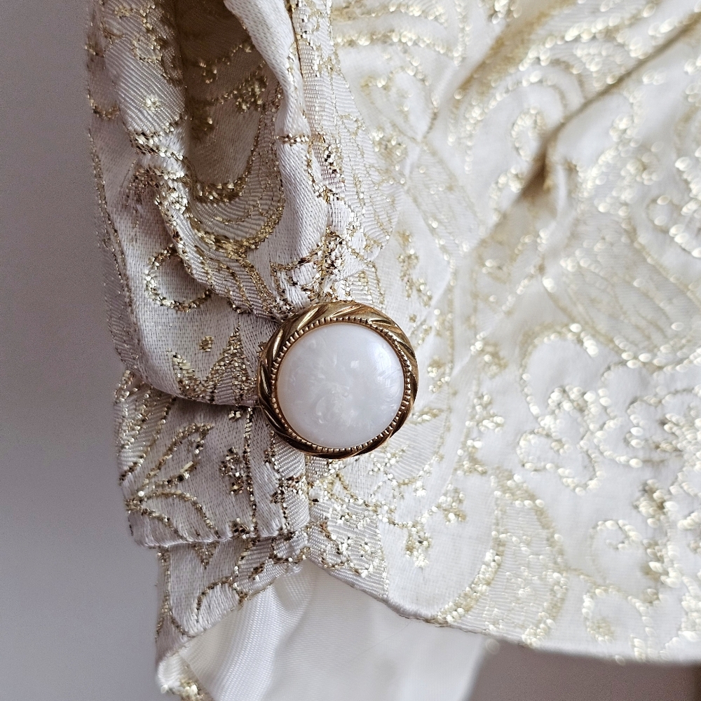 Vintage 80s Handmade Gold Brocade Cocktail Dress Puff Sleeve Statement Bow Back - Picture 8 of 16